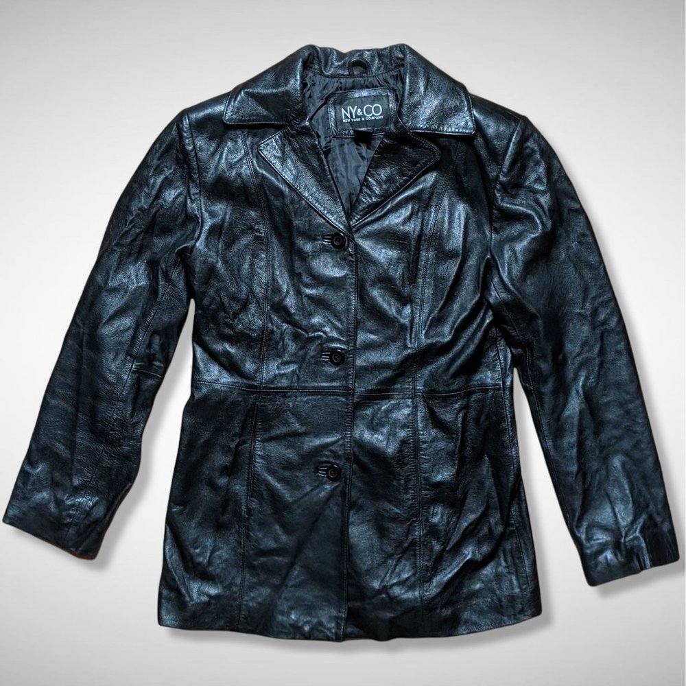 NY & CO Black 100% Leather Jacket 3 Button